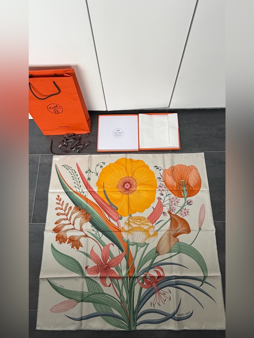 Hermes Floral Silk Scarf in Yellow, Orange, Green and Cream